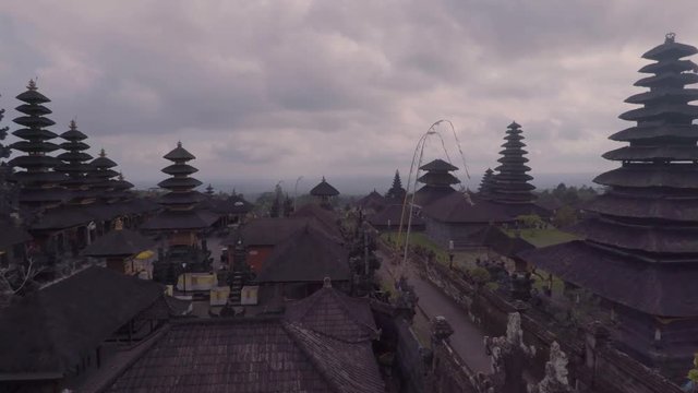 aerial view of Pura Besakihin temple in bali indonesia in a cloudy dramatic day