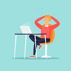 Business characters. Businessman is pleased. Workplace. Office life. Flat design vector illustration.