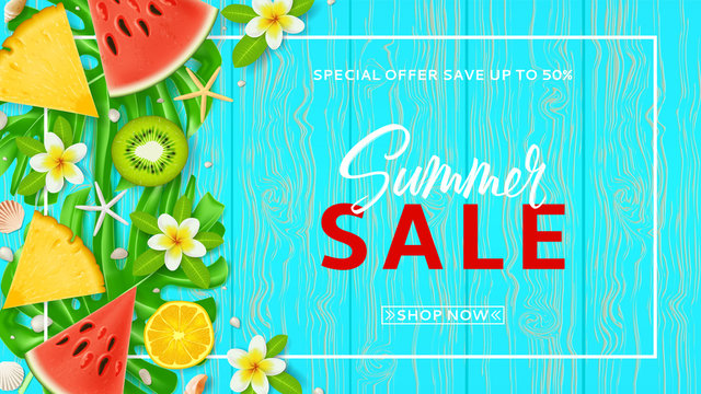 Promo web banner template for summer sale. Top view on Summer composition with tropical fruit and plumeria flowers on wooden texture. Vector illustration with special discount offer.