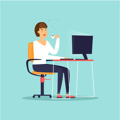 Girl is sitting at a computer drinking coffee. Business characters. Workplace. Office life. Flat design vector illustration.