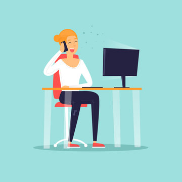Girl sitting at the computer talking on the phone. Business characters. Workplace. Office life. Flat design vector illustration.