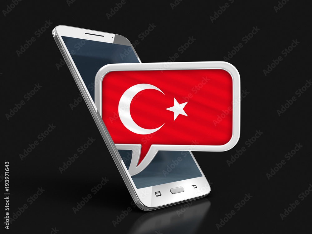 Poster touchscreen smartphone and speech bubble with turkish flag. image with clipping path