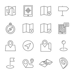 Map, navigation, pins set of vector icons outline style