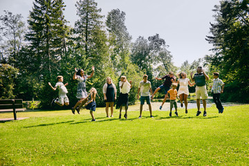 Happy family of eleven jumping in summer park
