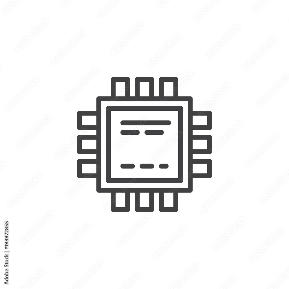 Poster Microchip processor outline icon. linear style sign for mobile concept and web design. Circuit board simple line vector icon. Symbol, logo illustration. Pixel perfect vector graphics