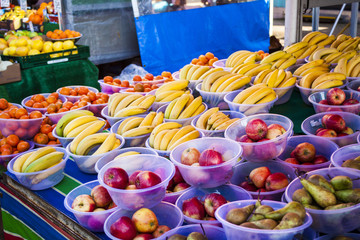 Vegetables and fruit market with various colorful fresh fruits and vegetables