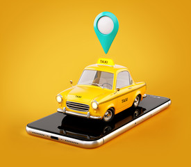 Smartphone application of taxi service for online searching calling and booking a cab. Unusual 3D illustration of taxi cab on smart phone.