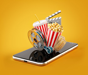 Smartphone application for online buying and booking cinema tickets. Live watching movies and video. Unusual 3D illustration of popcorn, cinema reel, disposable cup, clapper and tickets on smarthone