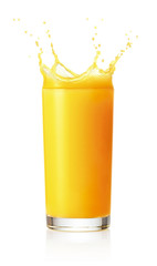 orange juice in glass with splash isolated on white background