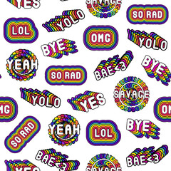 Seamless pattern with rainbow-colored patches with sassy words and phrases: "YOLO", "OMG", "Bae", etc. Slang acronyms, abbreviations. 80s-90s comic style. White background.