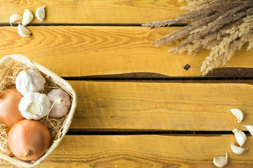 Healty rusric food and space for text and illustrations on wooden table top view