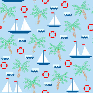 Seamless pattern with simple geometric sailboats on the abstract waves. Sailing ships, lifebuoys, palm trees on blue background.