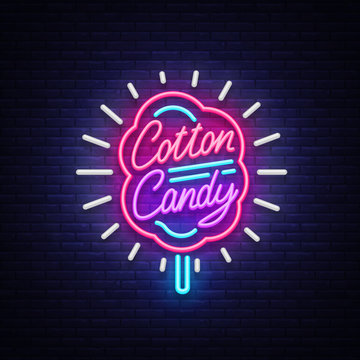 Cotton candy neon sign. Cotton candy logo in neon style symbol banner light, bright cotton candy night advertising, billboard. Design template. Vector illustration
