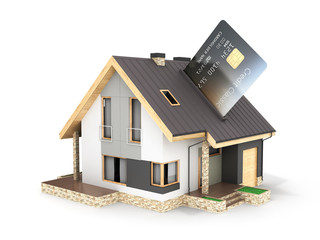Concept of purchase or payment for housing Illustration of a house as a pos terminal with credit card isolated on white background 3d render