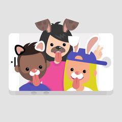 Millennials wearing animal masks. International friends having fun. Lifestyle technologies. Mobile application. Flat editable vector illustration, clip art