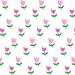 Simple flower texture: pink tulips with a green stem and leaves on a white background. Beautiful summer natural natural pattern. Vector. An interesting option for textiles, fabrics.