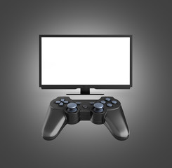 Game concept on the console Illustration of joystick on TV with empty screen background 3d render on dark grey gradient background