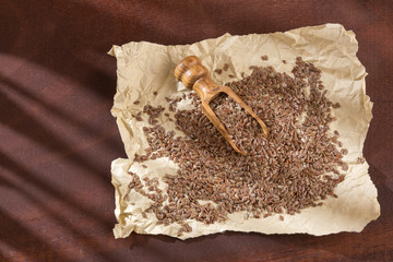 Organic flax seeds in the spoon - Linum usitatissimum