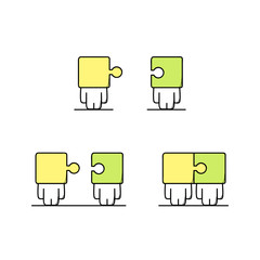 Funny cute men with different pieces of the puzzle that fit together. Individuality and personality, partnership, teamwork and cooperation, friendship, family and soulmates cartoon vector illustration