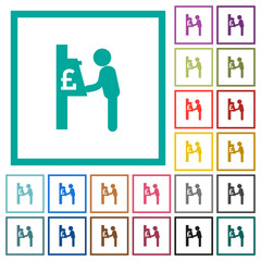 Pound cash machine flat color icons with quadrant frames