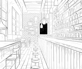 Cafe bar interior. Black and white vector illustration 