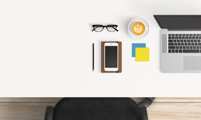 Modern workplace with laptop, coffee cup and smartphone or tablet copy space on white table background. Top view. Flat lay style.