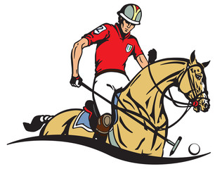 Equestrian polo player and pony horse . Horseman sitting on a horseback and holding a long handled wooden mallet sick to hit a ball . Equine sport emblem badge . Vector illustration