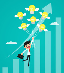 Obraz premium Businessman flying with idea balloon over growth chart. business concept vector illustration