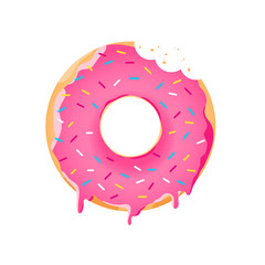 Realistic donut with colorful sprinkles.