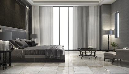 3d rendering luxury suite bedroom in hotel near glass bathroom