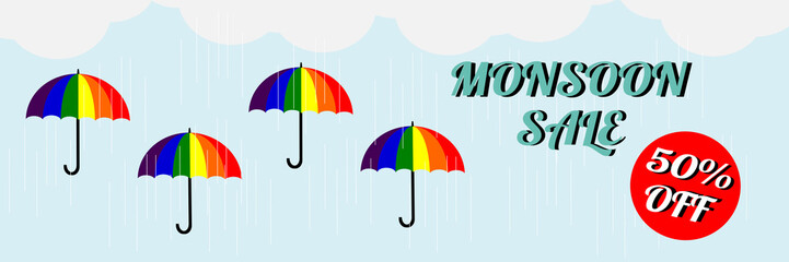 Monsoon sale. Vector illustration of colorful umbrella in rainy season. There are word 'Happy Monsoon Sale', use for web banner, poster or flyer. Picture with copy space.