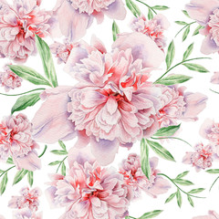 Bright seamless pattern with flowers. Peony. Watercolor illustration. Hand drawn.