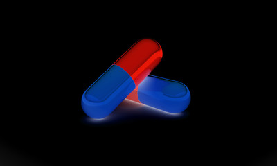 Two pills on black background 3d illustration
