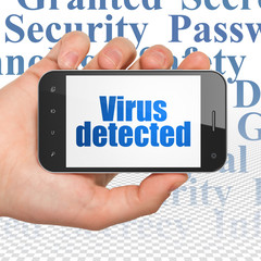 Privacy concept: Hand Holding Smartphone with  blue text Virus Detected on display,  Tag Cloud background, 3D rendering