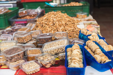 The farm food market. Fresh vegetables and fruits on the market counter.