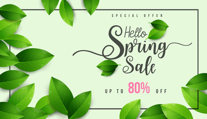 Spring Sale Banner with green leaf and colorful background. Vector Design for your greetings card, flyers,  web banner , invitation, posters, brochure, banners, calendar, spring sale.