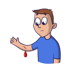 Upset guy raises wounded hand with blood oozing. Blood drop on a floor. Isolated illustration on white backgroud. Cartoon vector image.