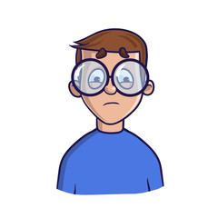 Upset boy with glasses looking puzzled. Isolated flat illustration on white backgroud, cartoon vector image.