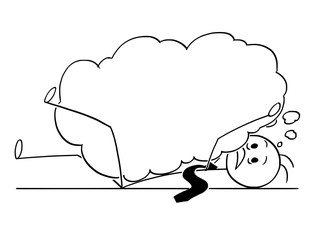 Cartoon stick man drawing conceptual illustration of businessman who is overburdened and buried by large text speech bubble as metaphor for big problem he is thinking about.
