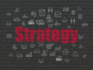 Business concept: Painted red text Strategy on Black Brick wall background with  Hand Drawn Business Icons
