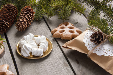 Christmas decorations on wooden background