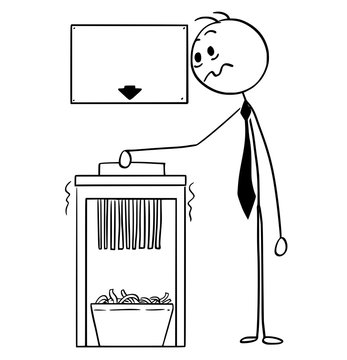 Cartoon Stick Man Drawing Conceptual Illustration Of Businessman Using Office Paper Shredder With Empty Or Blank Sign For Funny Text Above.