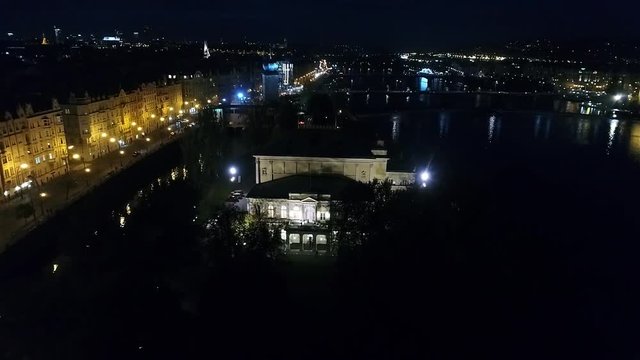 Night city of Prague, Zofin Palace, streets of Prague, PALC OFN, panoramic view from above, aerial