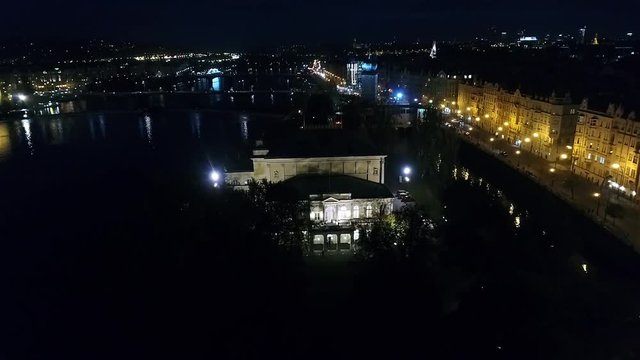 Night city of Prague, Zofin Palace, streets of Prague, PALC OFN, panoramic view from above, aerial