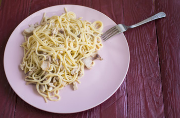 Spaghetti with chopped meat on a plate.