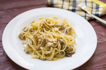 Spaghetti with chopped meat on a plate.