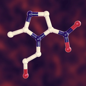 Molecular model of metronidazole, a drug used to treat trichomonas infections, vaginitis, amebiasis, giardiasis, treponemal and anaerobic infections, 3D illustration