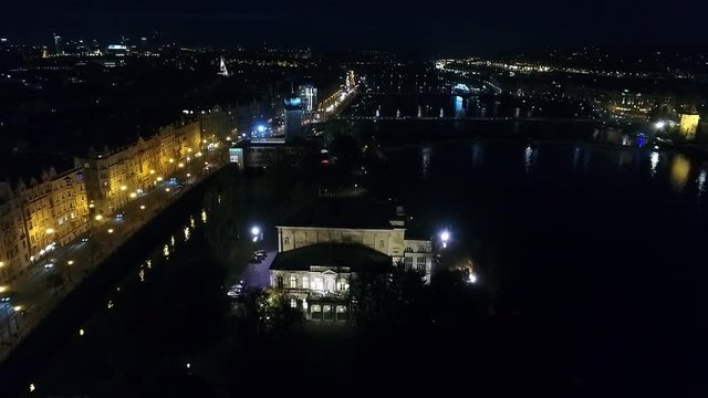 Night city of Prague, Zofin Palace, streets of Prague, PALC OFN, panoramic view from above, aerial