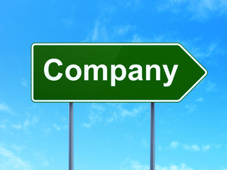 Finance concept: Company on green road highway sign, clear blue sky background, 3D rendering