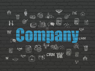 Finance concept: Painted blue text Company on Black Brick wall background with  Hand Drawn Business Icons
